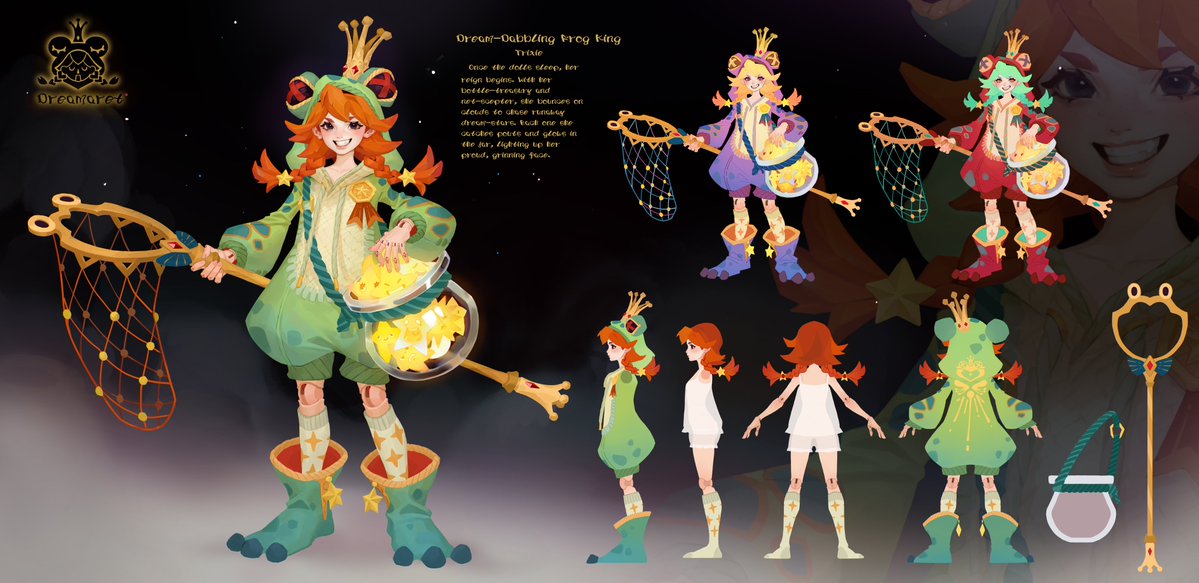 3HN4lP51od66u60's tweet image. Dream-Dabbling Frog King
Once the dolls sleep, her reign begins. With her bottle-treasury and net-scepter, she bounces on clouds to chase runaway dream-stars. Each one she catches pouts and glows in the jar, lighting up her proud, grinning face.#characterdesign