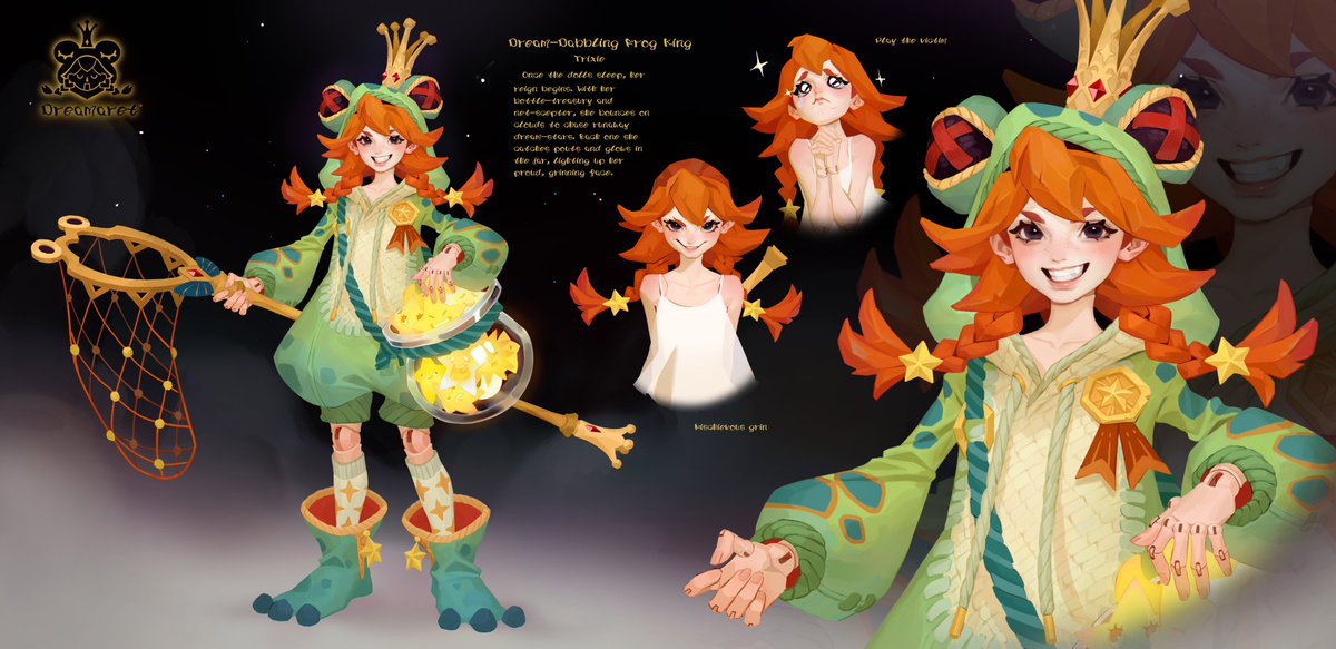 3HN4lP51od66u60's tweet image. Dream-Dabbling Frog King
Once the dolls sleep, her reign begins. With her bottle-treasury and net-scepter, she bounces on clouds to chase runaway dream-stars. Each one she catches pouts and glows in the jar, lighting up her proud, grinning face.#characterdesign