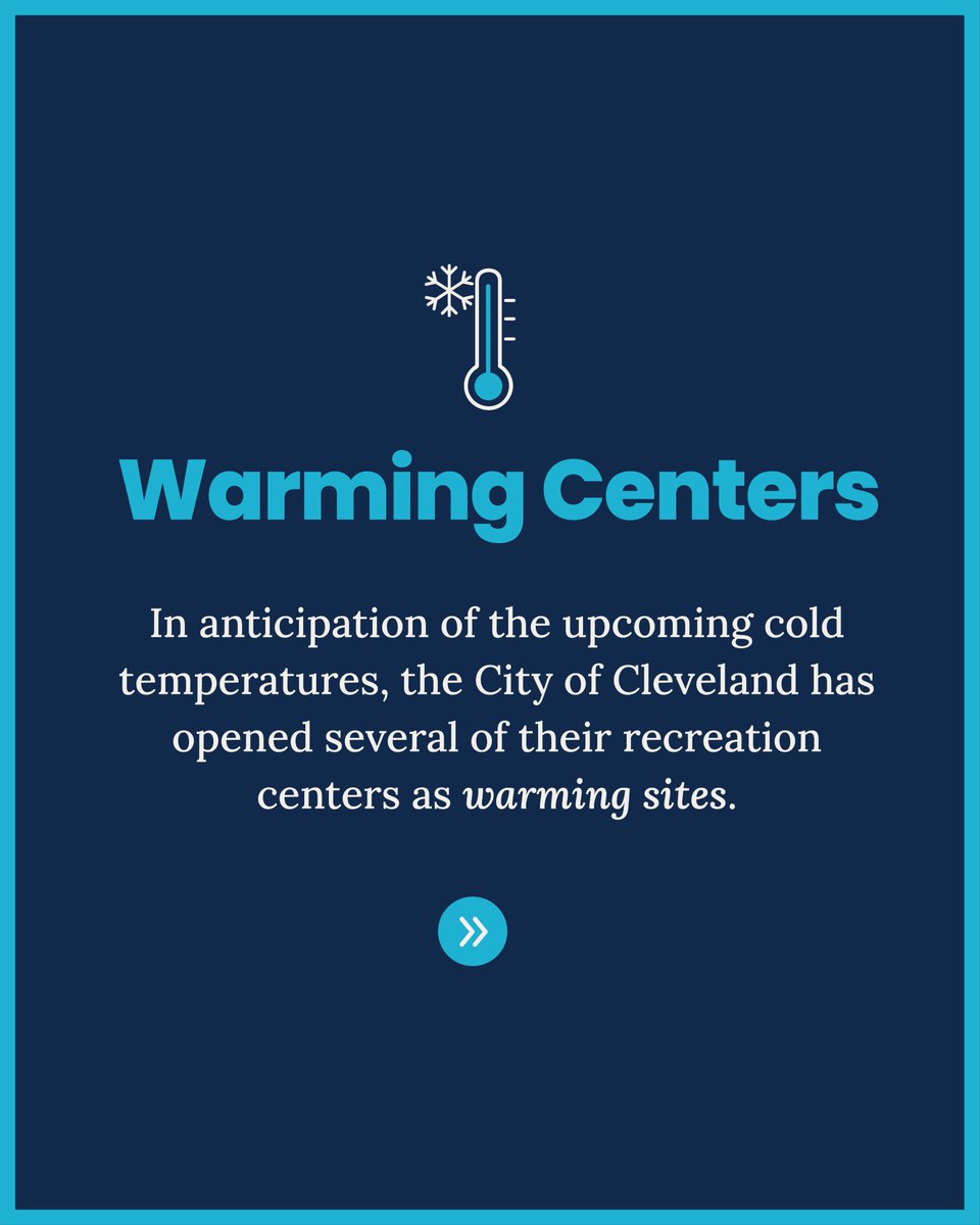 CityofCleveland's tweet image. As a result of the anticipated temperatures this week, the City of Cleveland will operate warming centers on January 14-15 and January 18-20 from 11:30 a.m. to 10 p.m.