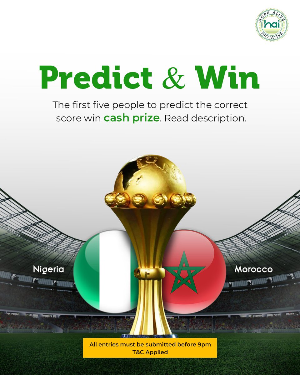 hopedeynaija's tweet image. Battle for the FINAL!!!
Be among the first 5 people to predict correctly who gets to the final tonight and stand a chance to win N5,000 cash prize.

T&amp;amp;C:
Add #hopedeynaija to your prediction 
You must be a follwer of @hopedeynaija

All entries must be submitted before 9PM
#AFCON