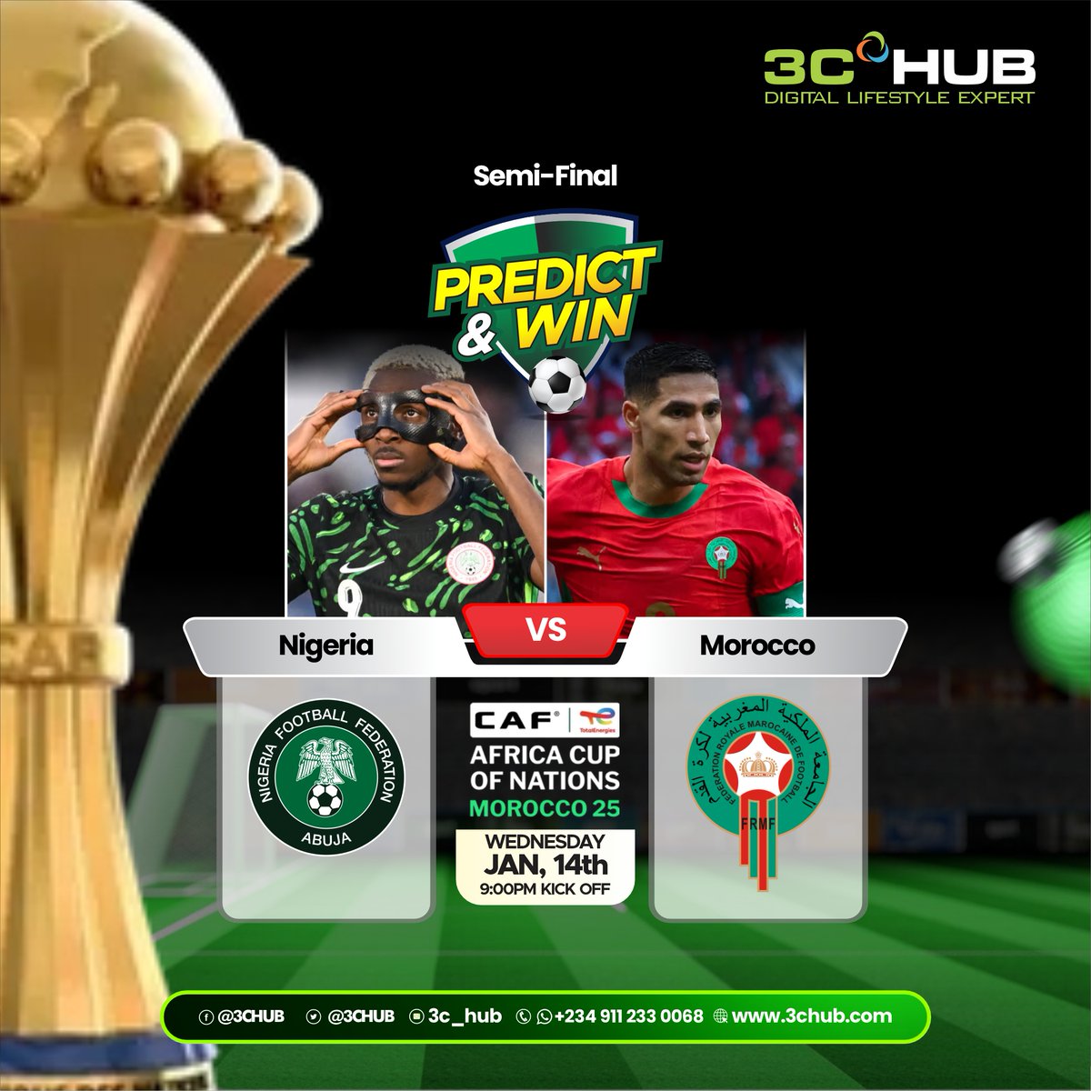 3CHUB's tweet image. Predict &amp;amp; Win: Nigeria vs Morocco

To qualify:
• Like our last 5 posts
• Share this post
• Tag 2 friends
• Follow us
Predictions close 30 mins before kick-off.
Winners announced next week.

Drop your score prediction now. Who wins?

#PredictAndWin  #FootballLovers