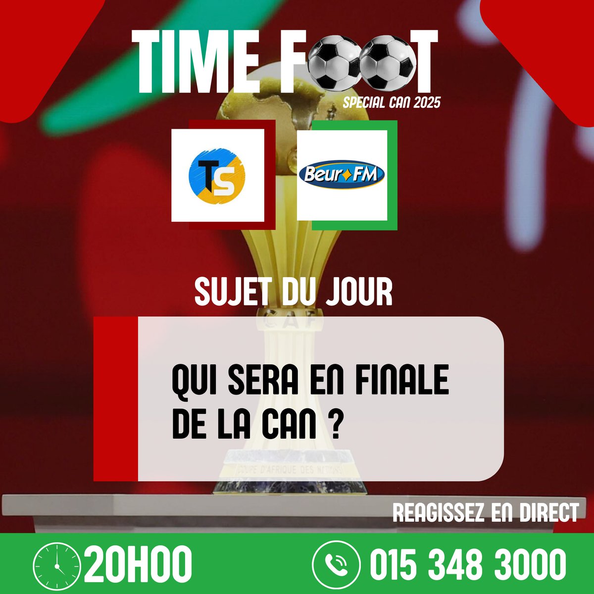 𝗗𝗘́𝗕𝗔𝗧 𝗗𝗨 𝗝𝗢𝗨𝗥

SUJET: « QUI SERA EN FINALE DE LA CAN ?? »

🎙Donnez-nous votre avis 
☎️ Au 01 53 48 3000 

📅 Mercredi 14 janvier 2026 sur @beurfm 
⏱️ À partir de 20:00