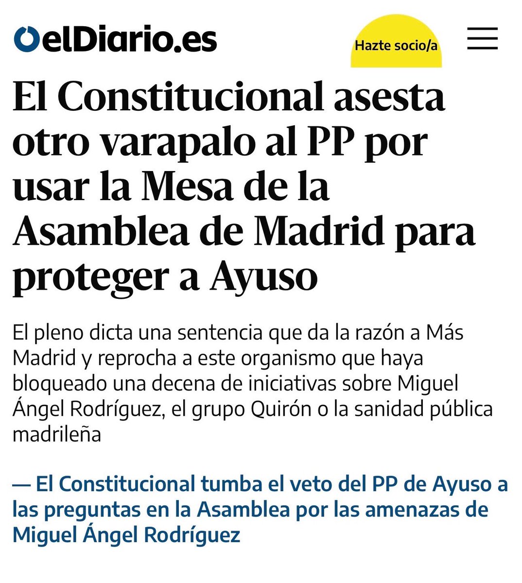 ‼️ El Tribunal Constitucional nos da la razón: “hurtaron el debate democrático”.

Ayuso usó Asamblea para bloquear investigaciones sobre su jefe de Gabinete, Quirón y los contratos de pandemia.

Tendrán que rendir cuentas por todo lo que intentan ocultar.
eldiario.es/madrid/constit…