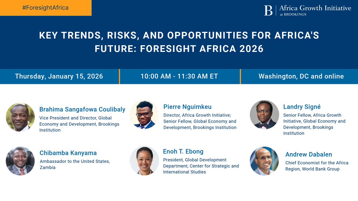 Happening tomorrow: What top priorities and trends will shape Africa in 2026? Join us on 1/15 for the launch of the new #ForesightAfrica report and a discussion by key experts. brookings.edu/events/key-tre…