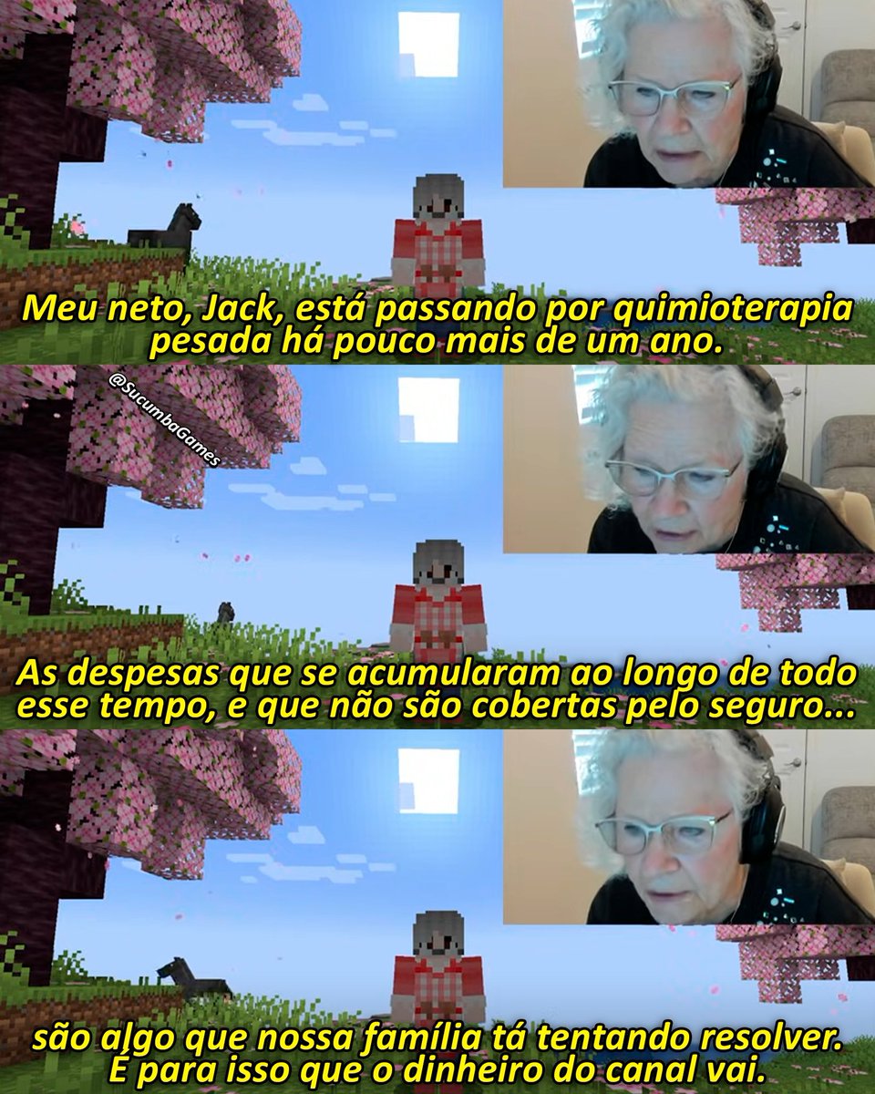 SucumbaGames's tweet image. Há 3 meses, uma senhora de 81 anos começou um canal de Minecraft para ajudar a pagar o tratamento do seu neto com câncer.

GrammaCrackers foi inspirada a se aventurar no jogo para arrecadar dinhero e pagar as contas acumuladas das intensas sessões de quimioterapia de seu neto…