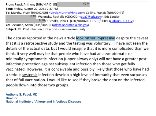 emilyakopp's tweet image. NEW FOIA'd documents show that Fauci privately acknowledged "impressive" data showed natural immunity was more protective than COVID vaccines even as the Biden admin implemented mandates in 2021.

Privately officials acknowledged the strength of a study of 770,000+ people showing…