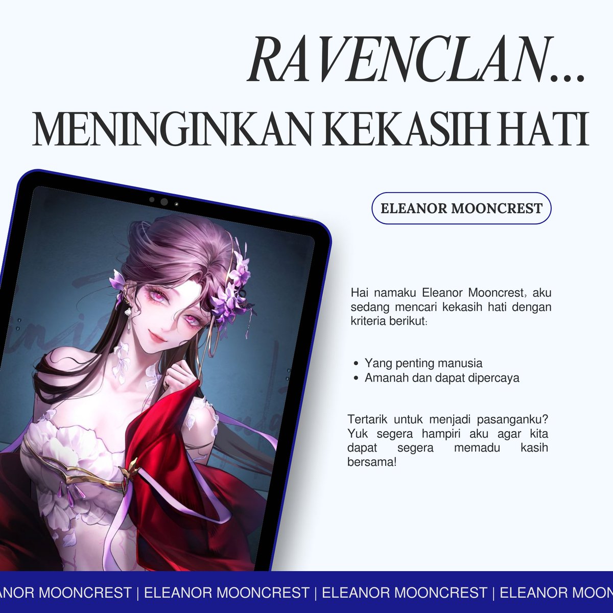 <a href="/why_homosapiens/">Fukuzawa, Yukichi</a> PESERTA KEDUA, 𝙀𝙇𝙀𝘼𝙉𝙊𝙍 𝙈𝙊𝙊𝙉𝘾𝙍𝙀𝙎𝙏.   Si perfect Ravenclaw cantik dan tidak mengigit ini juga sedang mencari tambatan hati guys! Jika merasa cocok, kenapa tidak langsung pss pss Eleanor?  Eleanor Mooncrest ( <a href="/SERAPHRUME/">𝑬leanor</a> )