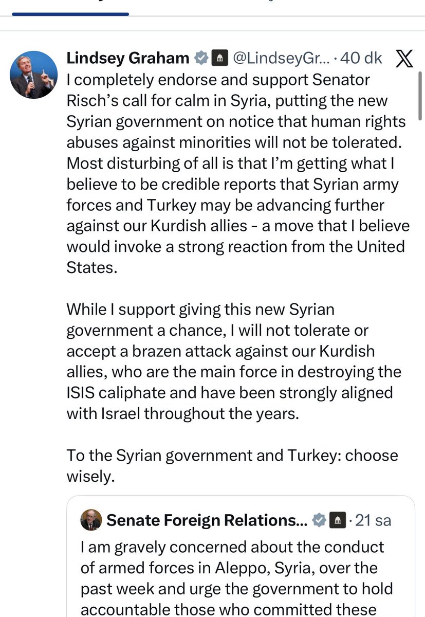 nevzatcicek's tweet image. Amerikalı Senatörden Suriye ve Türkiye’ye: Amerika’nın tepkisi sert olur

“ABD Başkanı Donald Trump’a en yakın isimlerden biri olarak bilinen Cumhuriyetçi Senatör Lindsey Graham, Suriye’deki son gelişmelere ilişkin sosyal medya hesabı üzerinden bir açıklama yayımladı.

Graham,…