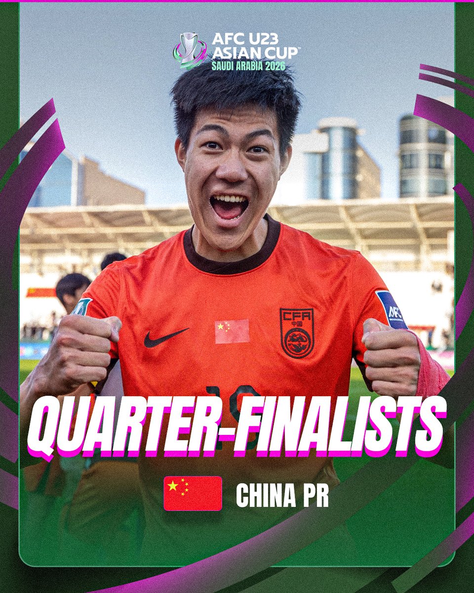 afcasiancup's tweet photo. ✨ 𝗤𝗨𝗔𝗥𝗧𝗘𝗥 𝗙𝗜𝗡𝗔𝗟𝗜𝗦𝗧𝗦 ✨

🇨🇳 China PR are through to the Knockout Stage for the first-time ever!

#AFCU23 https://t.co/feLaXMATln