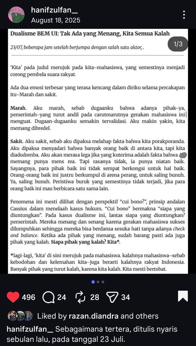 [Pemira UI 2025 Titik Terang Menuju Akhir Dualisme BEM UI, Idealisme Mahasiswa Tetap Satu: A Thread]  ✍️📝

Hari ini (14/01), muncul berita bahwa muncul ancaman dan teror ke beberapa IKM UI dan keluarganya, terkhusus yang terlibat dalam kontestasi Pemira. Kemarin, PO Pemira juga