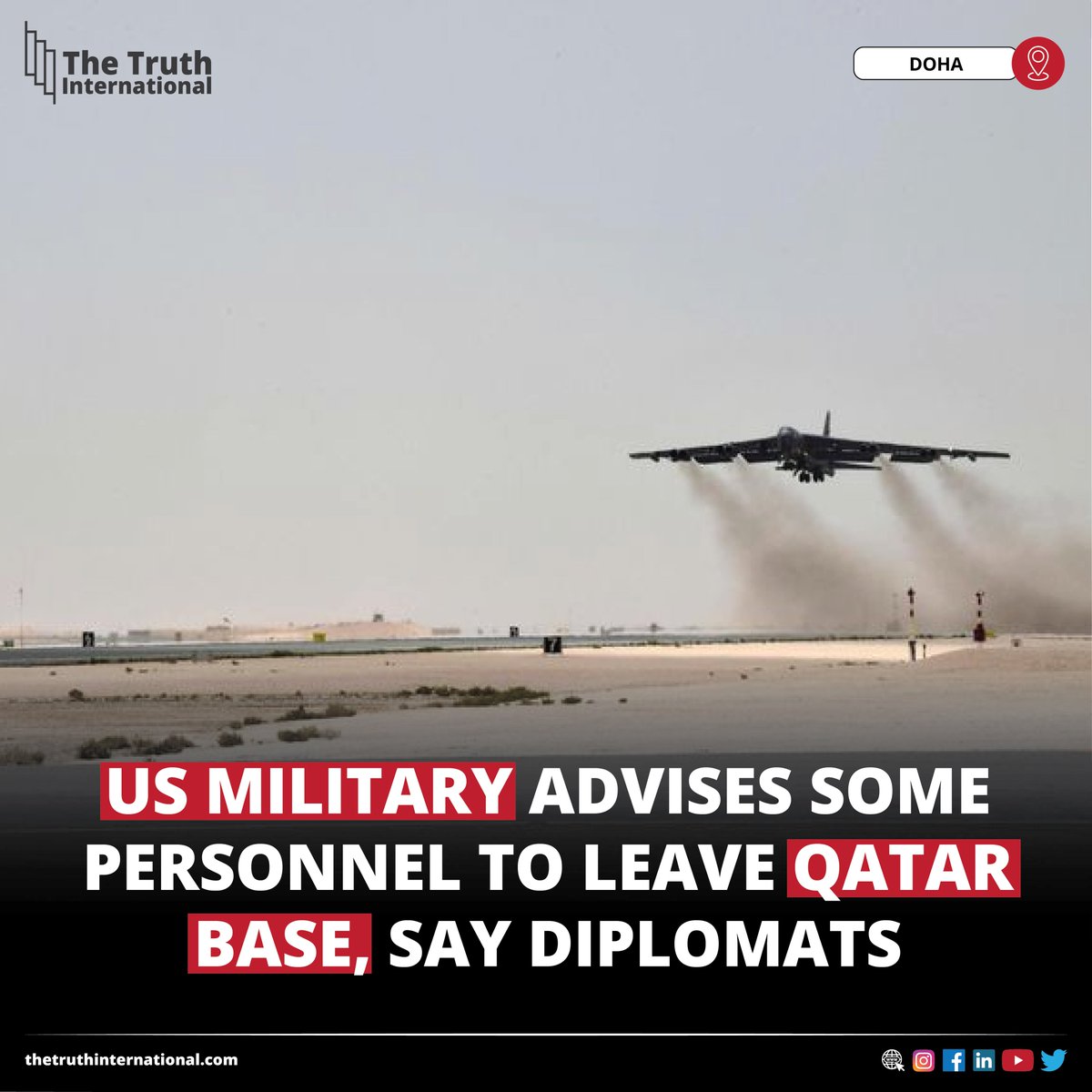 ttimagazine's tweet image. US Military Advises Some Personnel to Leave Qatar Base, Say Diplomats

Find More:
thetruthinternational.com/us-military-ad…

#US #Military #Advises #Personnel #Leave #Qatar #Base #Diplomats #QatarUSBase #MilitaryBase #Iran
