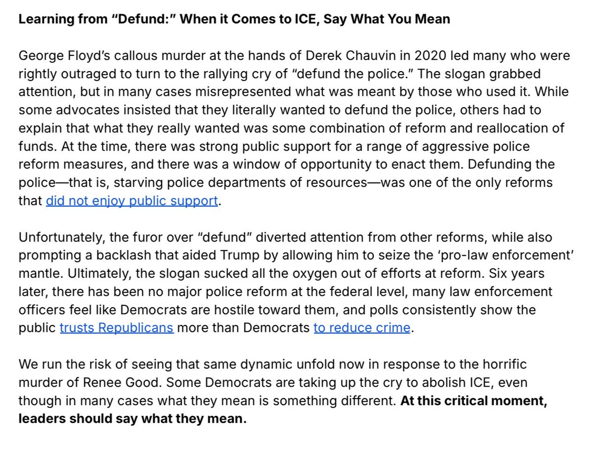 I get why it’s tempting to compare this to “defund the police” in 2020, but that didn’t even scratch 35% national support *at its height*

Abolishing ICE is already at 45% support (and likely higher if it was “abolish and replace” language), with drastic shifts in public opinion