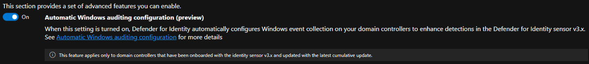 This turned on in my tenant today.  Any DC's using the 3.x Microsoft Defender for Identity Sensors will now have all the relevant auditing detection's enabled.

Be sure to enable the Unified Sensor RPC Audit to your devices.  Settings / Identities / Advanced Features