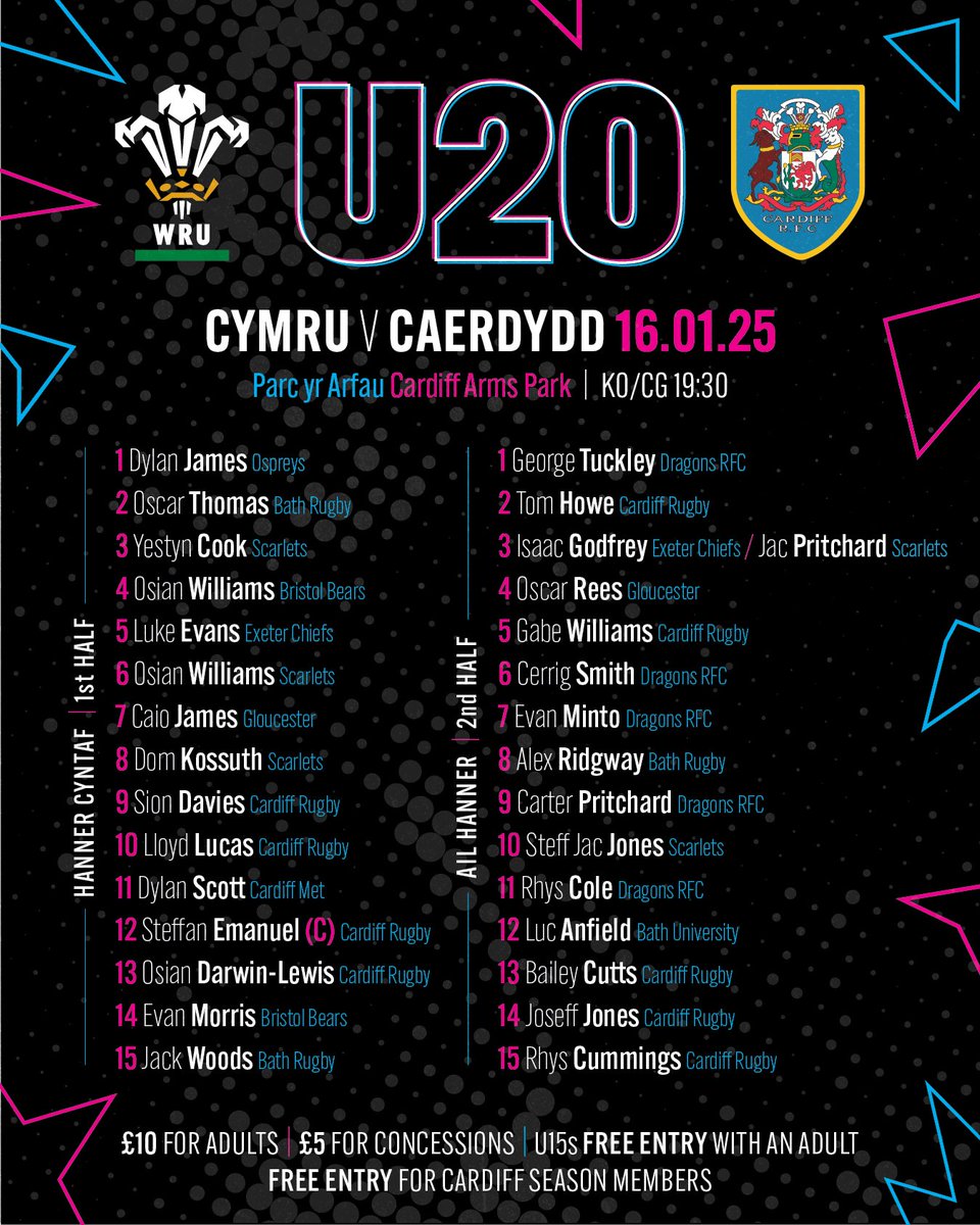 🚨 𝗧î𝗺 𝗖𝘆𝗺𝗿𝘂 𝗼 𝗱𝗮𝗻 𝟮𝟬 🏴󠁧󠁢󠁷󠁬󠁳󠁿

Here is how Wales U20s line-up to take on <a href="/Cardiff_RFC/">Cardiffrfc</a> at the Arms Park on Friday night, 7:30pm KO! 💪👇

▶️ wru.wales/2026/01/whiffi…

#CymruAmByth