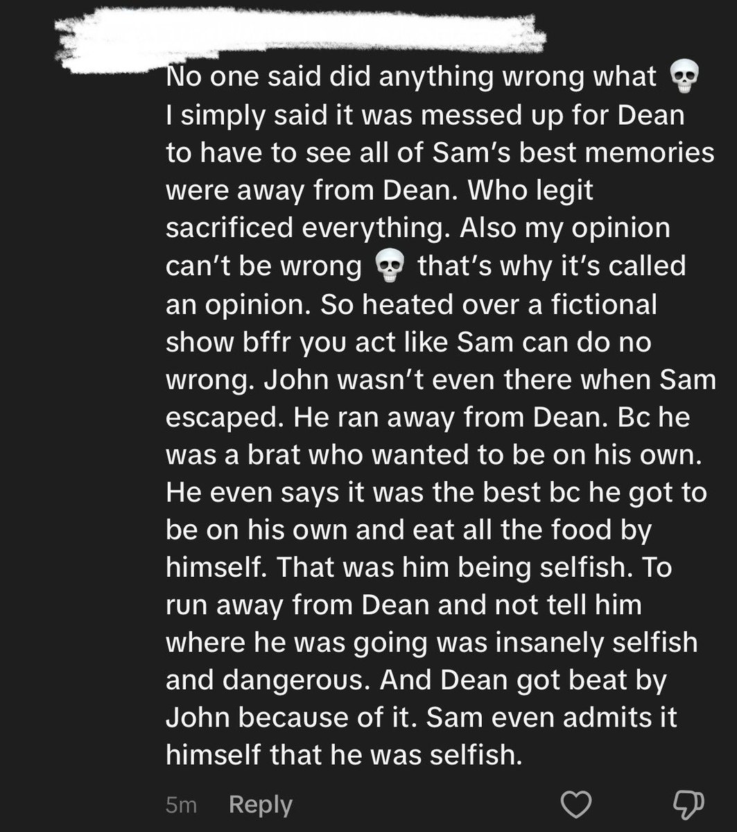 samnaemia's tweet image. sorry can’t hold the surprise in, it was about 5x16. and this is what they had to say ❤️ i’m so glad i have someone more insightful here on the internet to tell me the REAL reason sam ran away from his abusive household: to hog all the food