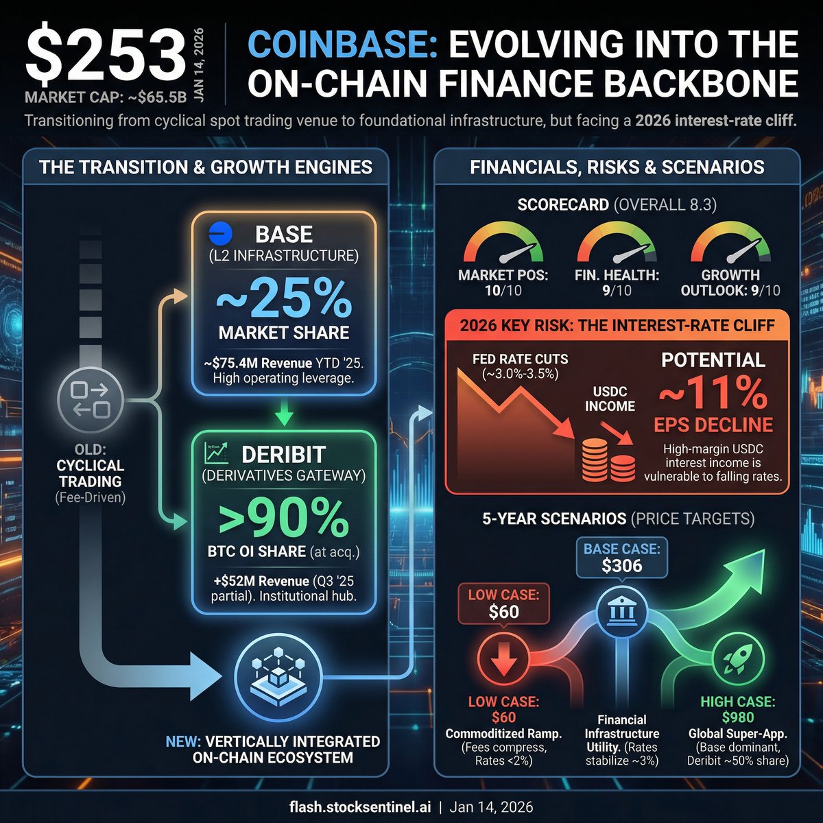 COIN: Coinbase is shifting from cyclical spot trading to full-stack crypto  infrastructure via Base and Deribit. Shares at ~$253 imply ~30x 2025E and  ~34x 2026E earnings as markets price an interest-income cliff