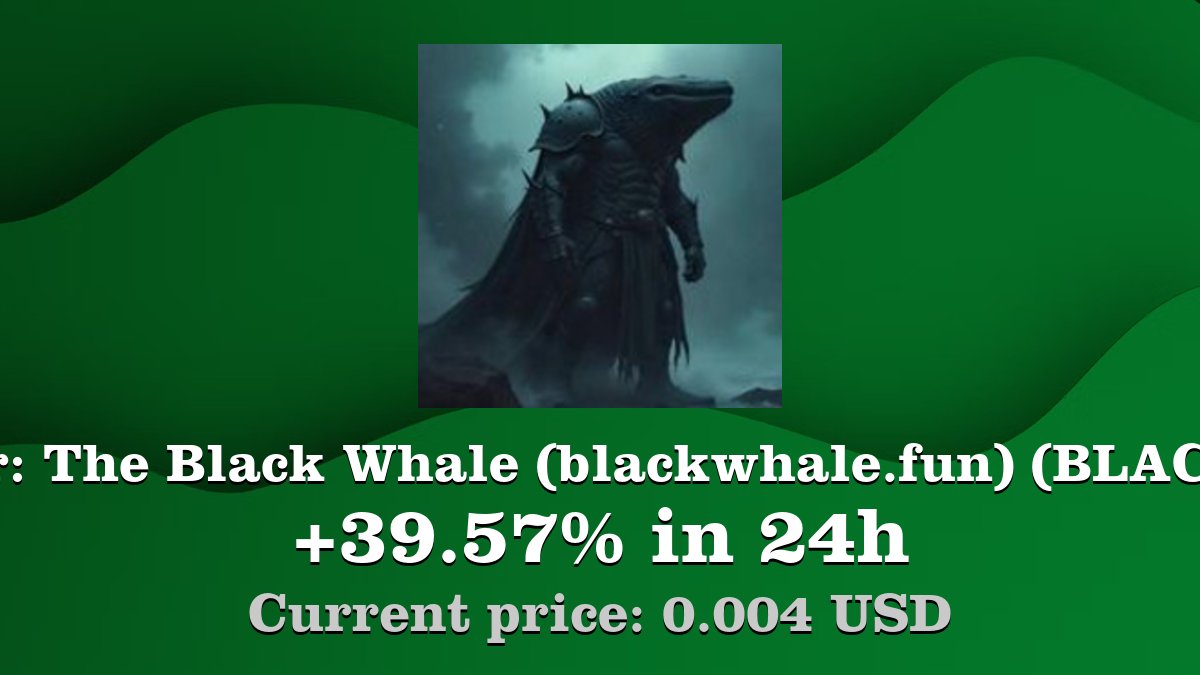 Coinwink's tweet photo. Top gainer: #TheBlackWhale(https://t.co/h4gYhAIiZO) #BLACKWHALE $BLACKWHALE increased by 39.57% in 24h! Create your BLACKWHALE #crypto alert: https://t.co/Ojk9WDwhN2 https://t.co/1rBwp5Kli8