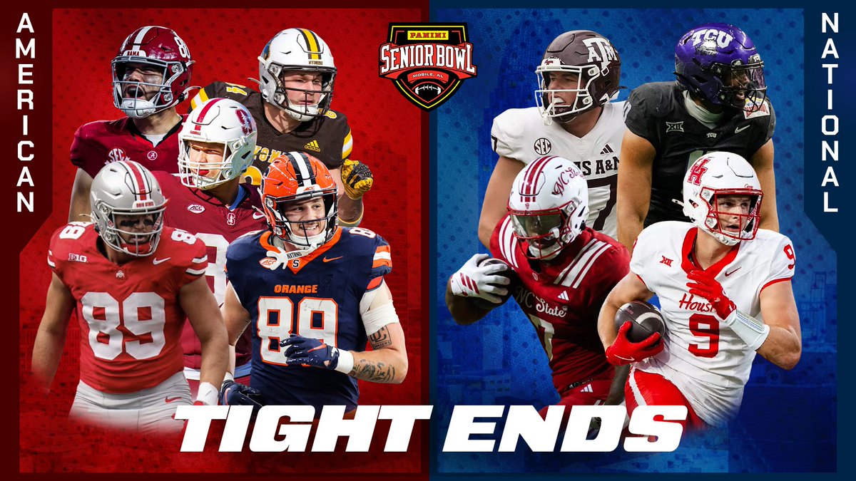 2026 Senior Bowl Tight Ends 🏈🔥

American Team:
• Joshua Cuevas — Alabama
• John Michael Gyllenborg — Wyoming
• Will Kacmarek — Ohio State
• Sam Roush — Stanford
• Dan Villari — Syracuse

National Team:
• Nate Boerkircher — Texas A&amp;M
• Justin Joly — NC State
• Tanner