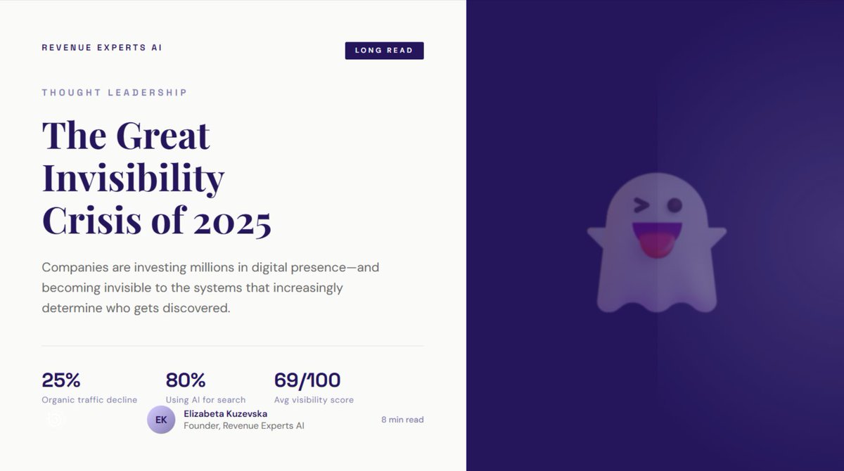 The Great Invisibility Crisis of 2025
There's a quiet crisis happening in B2B marketing.

Companies are investing millions in content, SEO, and digital presence—and becoming invisible to the systems that increasingly determine who gets discovered.

I've spent the last year