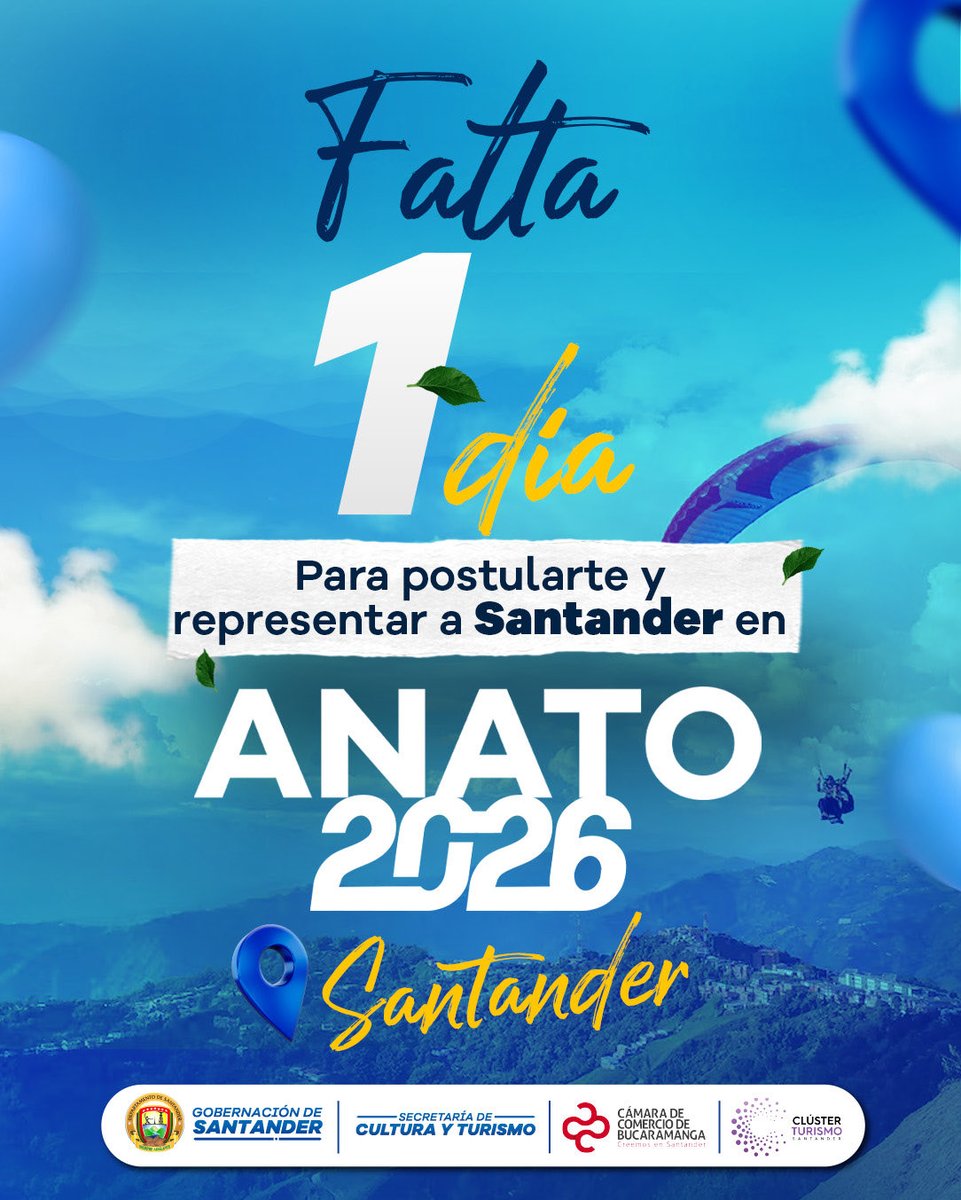 GobdeSantander's tweet photo. ⏰ Último día para postularte.

Empresarios turísticos de Santander:
aún están a tiempo de integrar la delegación oficial en ANATO 2026.

📩 Info y postulaciones:
cluster.turismo@camaradirecta.com

#ANATO2026 #Santander https://t.co/97W3sMgiVt