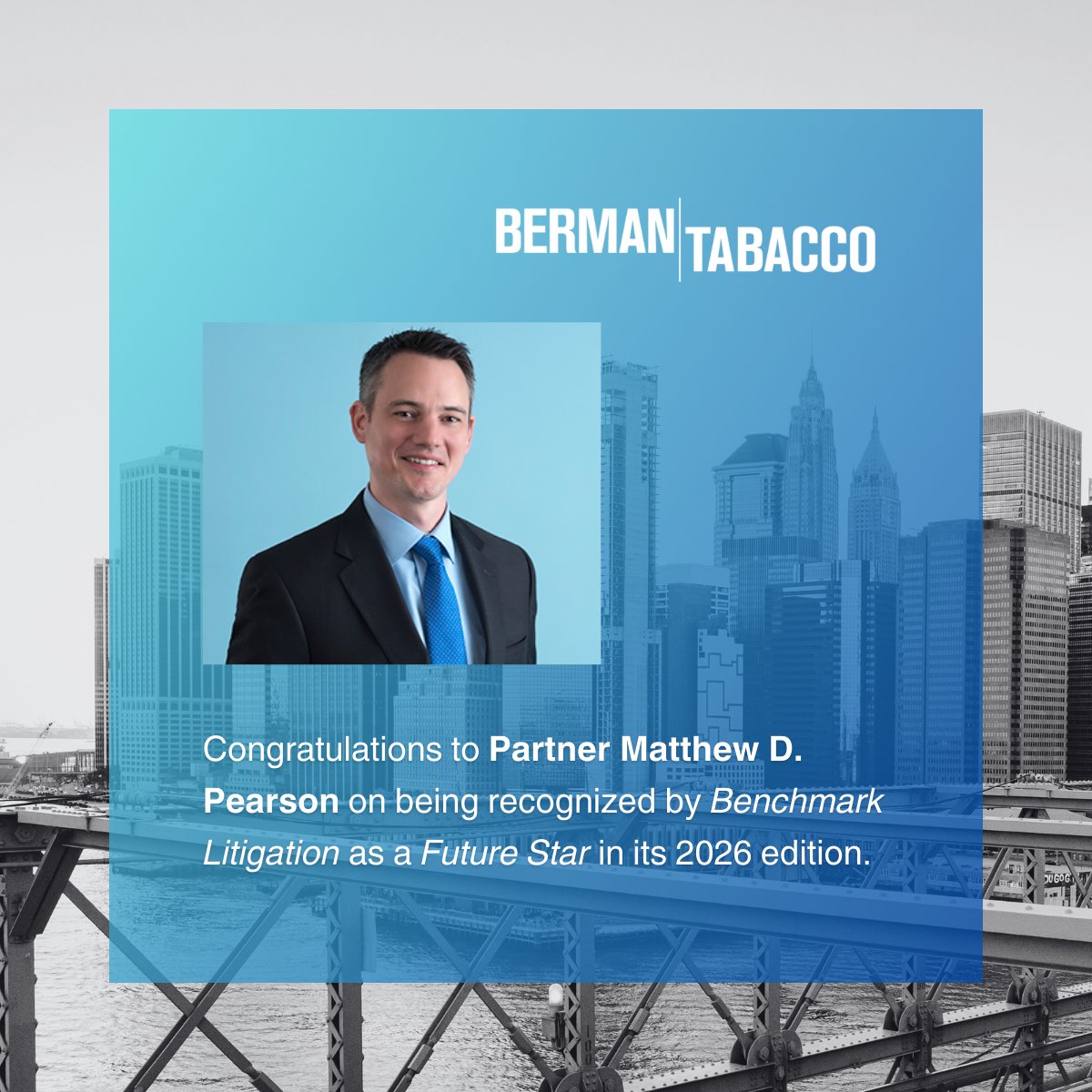 BermanTabacco's tweet image. Congratulations to San Francisco partner #MatthewPearson, who was ranked by @BenchLitigation in its 2026 US edition. lnkd.in/emKbDw9t
#securitieslitigation #antitrustlitigation #financialfraud