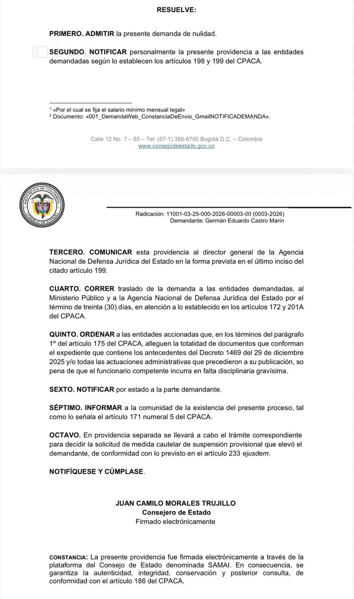 Atentos: El <a href="/consejodeestado/">Consejo de Estado</a> admitió para estudio, una demanda que busca que se anule el decreto con el que el gobierno del presidente <a href="/petrogustavo/">Gustavo Petro</a> fijó en 23% el aumento del salario mínimo para 2026. Vía <a href="/BluRadioCo/">BluRadio Colombia</a>