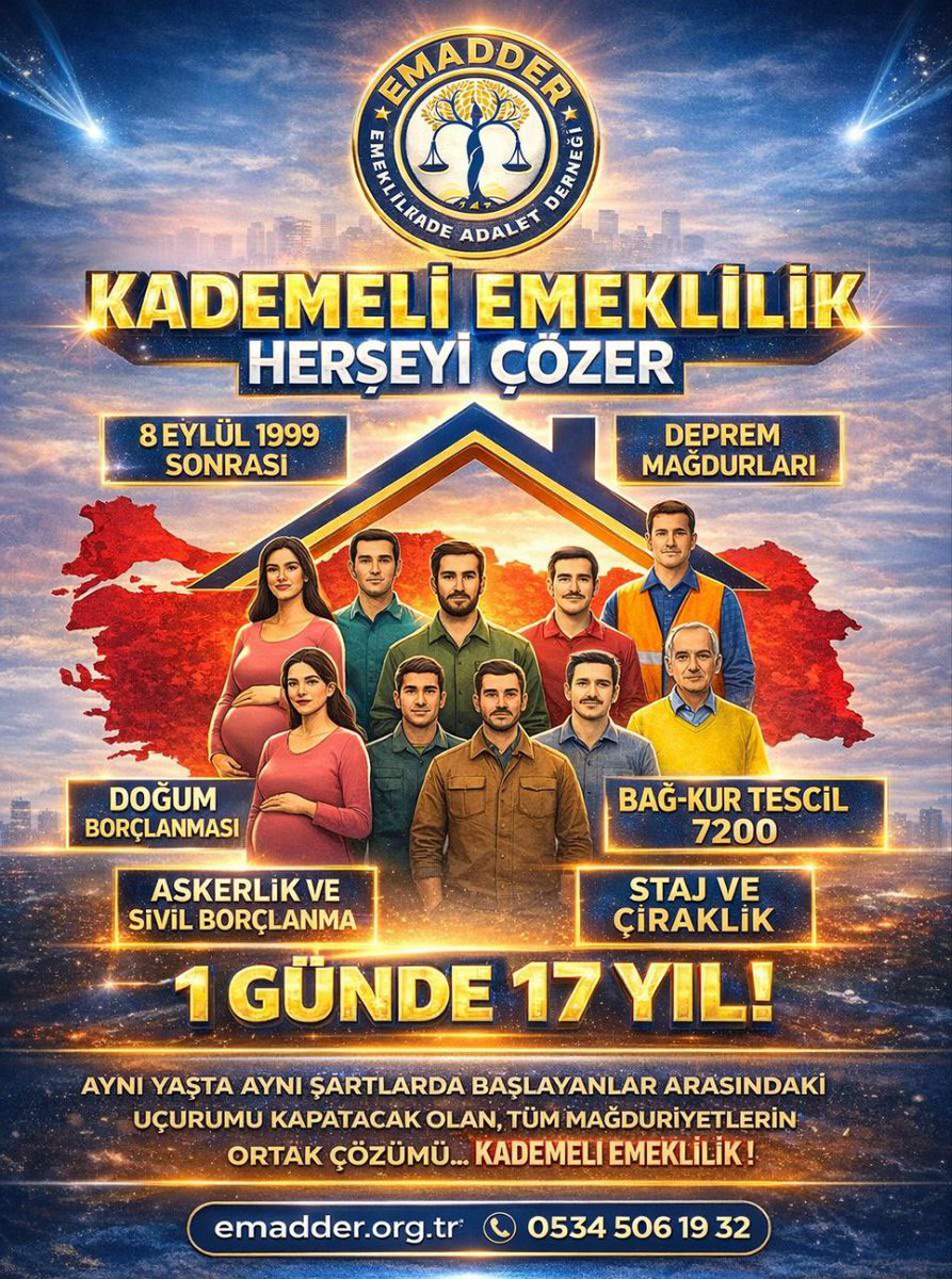 📣📣 ÇAĞRIDIR  📣📣

Bağ-Kur 7.200 güne düşse ne olur?
9 Eylül ve sonrası yine yaş bekleyecek!
Yani sorun tam çözülmüyor, erteleniyor.

Staj ve Çıraklık başlangıcı sayılsa ne olur?
9 Eylül ve sonrası yine yaş bekleyecek!
Yani sorun tam çözülmüyor, erteleniyor.

9 Eylül ve sonrası