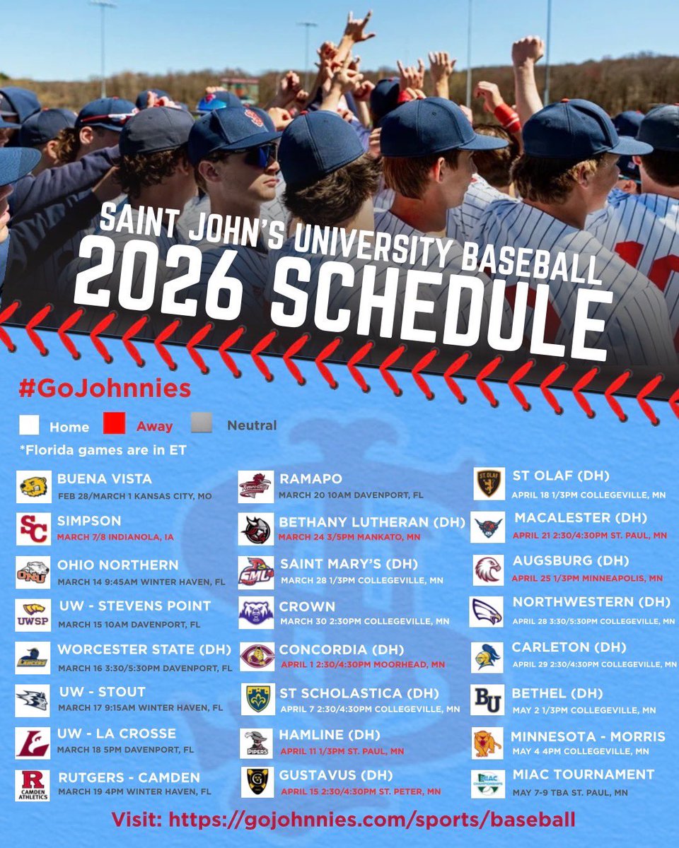 SJU_Baseball's tweet image. 🚨The 2026 Johnnie Baseball Schedule is Live!

For more information, please visit the link in the graphic.

Go Johnnies!