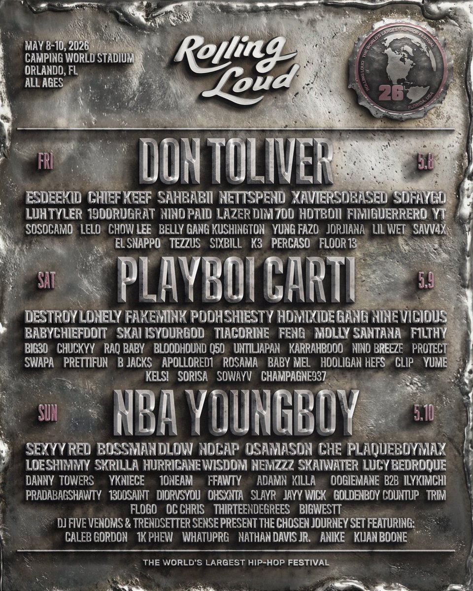 Kurrco's tweet image. ROLLING LOUD USA 🇺🇸 
ORLANDO, FL 🌴

MAY 8 — 10, 2026 🚨

👤 DON TOLIVER
👤 PLAYBOI CARTI
👤 NBA YOUNGBOY
👤 ESDEEKID
👤 DESTROY LONELY
👤 SEXYY RED
👤 CHIEF KEEF
👤 FAKEMINK
👤 POOH SHIESTY
➕ MORE