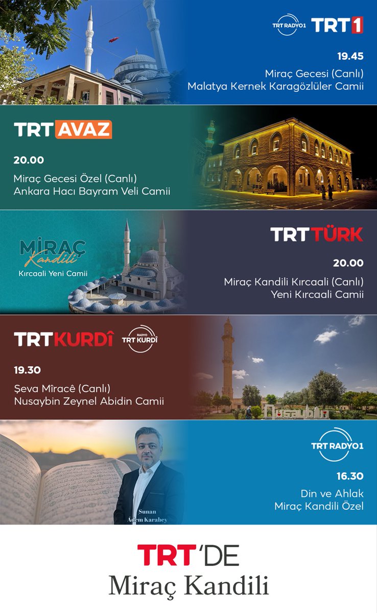 zahidsobaci's tweet image. #MiraçKandili'ni TRT'de idrak edecek, bu mübarek gecenin feyz ve bereketiyle ihya olacağız.

🕌 Malatya Kernek Karagözlüler Camii @trt1
🕌 Ankara Hacı Bayram Veli Camii @trtavaz
🕌 Yeni Kırcaali Camii @trtturk
🕌 Nusaybin Zeynel Abidin Camii @TRTKurdiTV
📻 Din ve Ahlak @TRTRadyo1