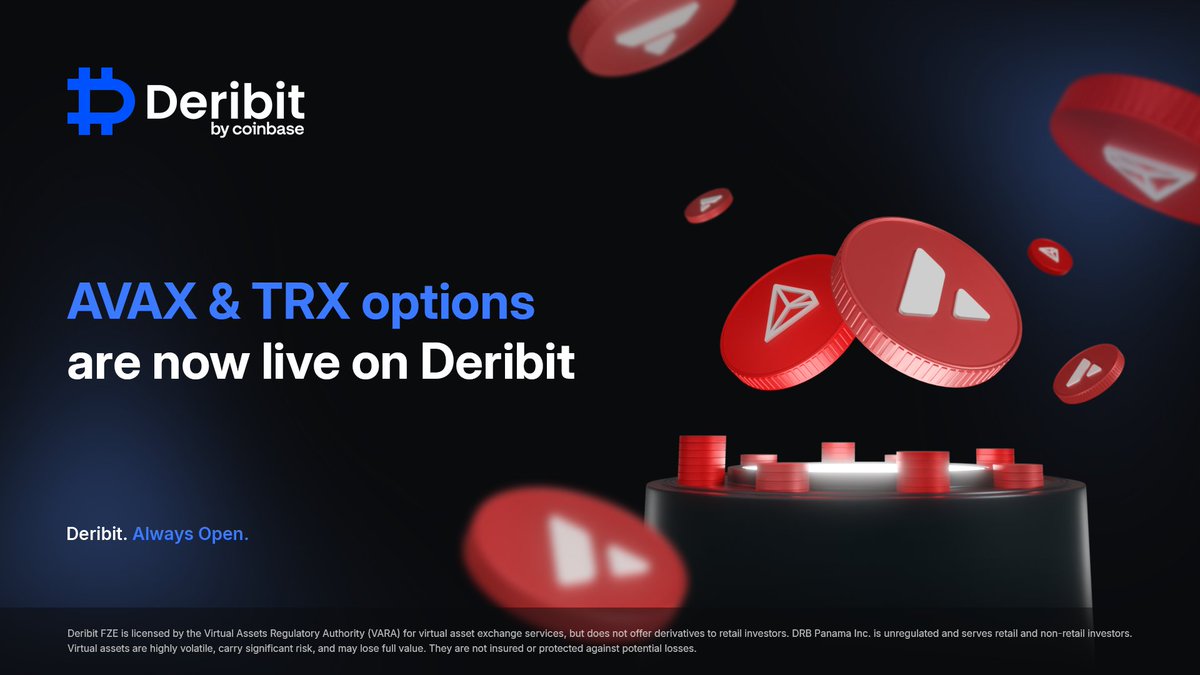 Deribit 正式推出以USDC 结算的AVAX 和TRX 线性期权！这意味着Avalanche 生态中的交易者们可以更轻松地对冲 持仓或通过卖出看涨期权赚取收益。