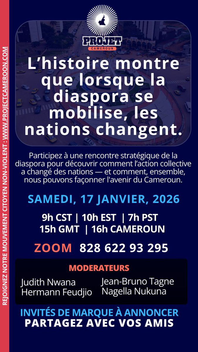 projectcameroon's tweet image. Join us for our usual zoom meeting on
Saturday January 17 at 10 am EST, 4pm Cameroon time.
Guests to be announced. @africatechie 
us06web.zoom.us/j/82862293295

#FreeCameroon #Liberezlecameroun