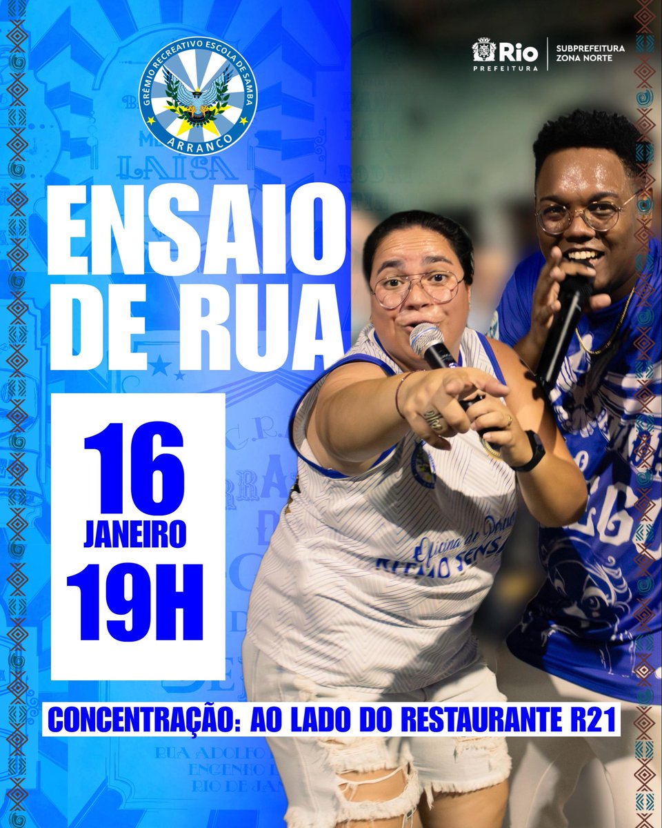 🦅🗣️

Na preparação para a Avenida, a rua segue sendo nosso esquenta oficial! 🥁🤡

➡️ Ensaio de rua, samba no pé e nossa comunidade fazendo acontecer.

📅 16/01, às 19h
📍 ao lado do R21

Te espero lá! 💙🎶

#Arranco #EnsaioDeRua #Carnaval2026 #ZonaNorte