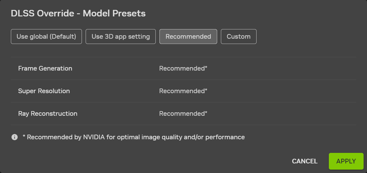 DLSS 4.5 is now available for all NVIDIA App users with an RTX GPU. Also includes “Recommended” setting, which sets Preset M to DLSS Performance mode, Preset L to DLSS Ultra Performance mode, and Preset K to the remaining modes.
