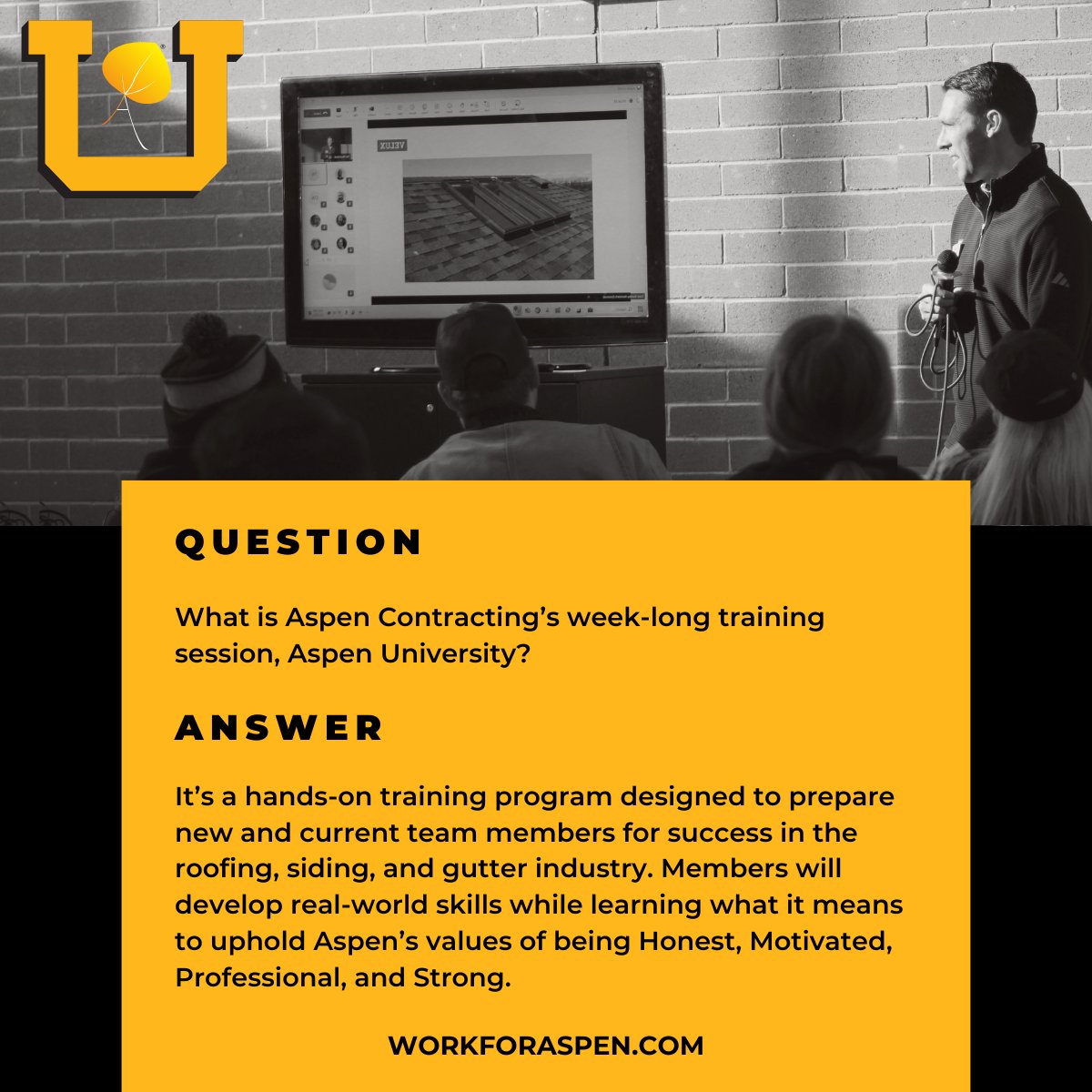 Start your career right with Aspen U! 🎓 

Training, mentorship, and growth opportunities to build your future in roofing and exterior services. 

Join us at workbyaspen.com

#AspenContracting #AspenU #NowHiring #CareerGrowth #ConstructionJobs