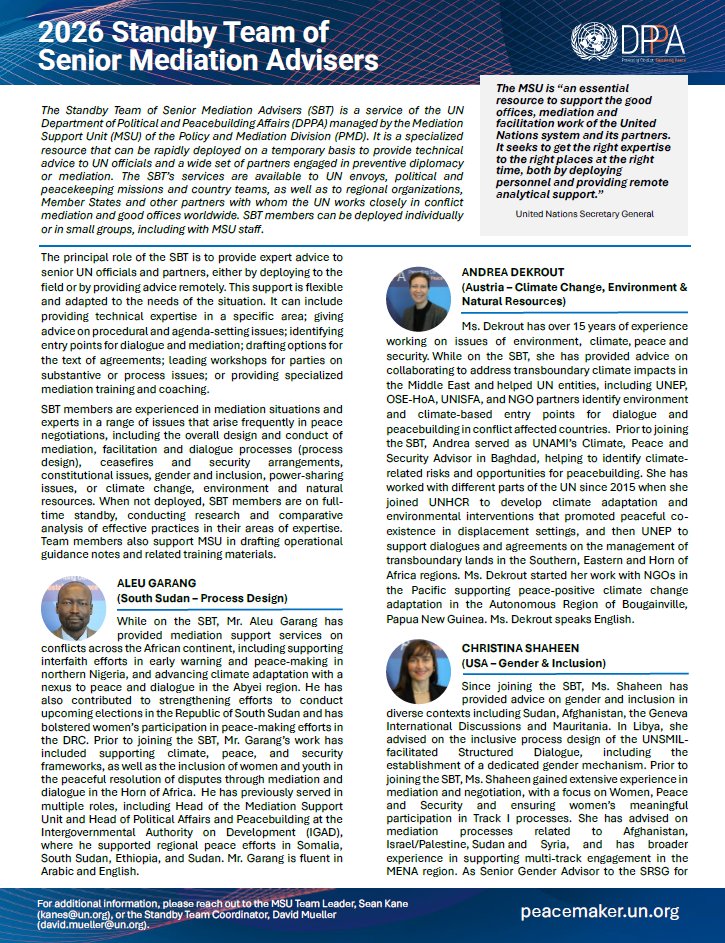 UNDPPA's tweet image. 📢 DPPA and UNOPS are pleased to announce the 2026 Standby Team of Senior #Mediation Advisers. The Team is available to assist @UN, Member State, regional organizations and civil society actors. 
Find out more about our support on Peacemaker👇
peacemaker.un.org/en/mediation-s…