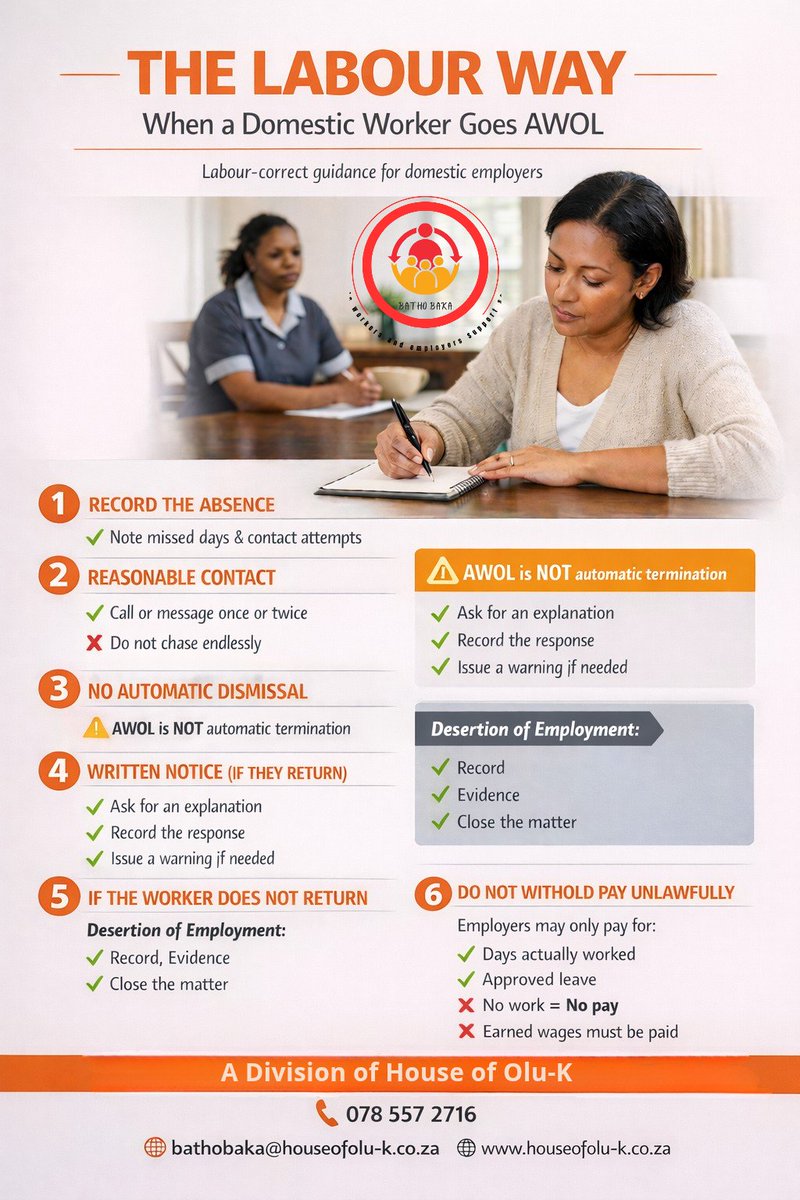 houseofoluk's tweet photo. When a Domestic Worker Goes AWOL- Part 1

AWOL (Absent Without Leave or communication) 

This poster takes you through the correct process step by step

Prepared by Batho Baka( Domestic workers and employers Support services) 
A Division of House of Olu-K https://t.co/8pGaUPuKQc