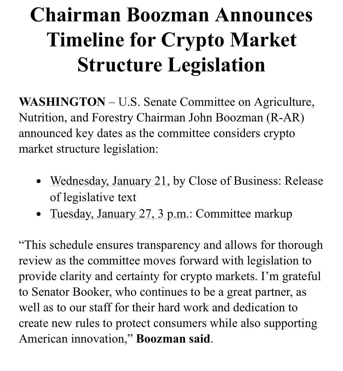 🚨 BREAKING: The Crypto Market Bill is now set to be approved on Tuesday,  January 27 at 3pm ET. Bullish for crypto!