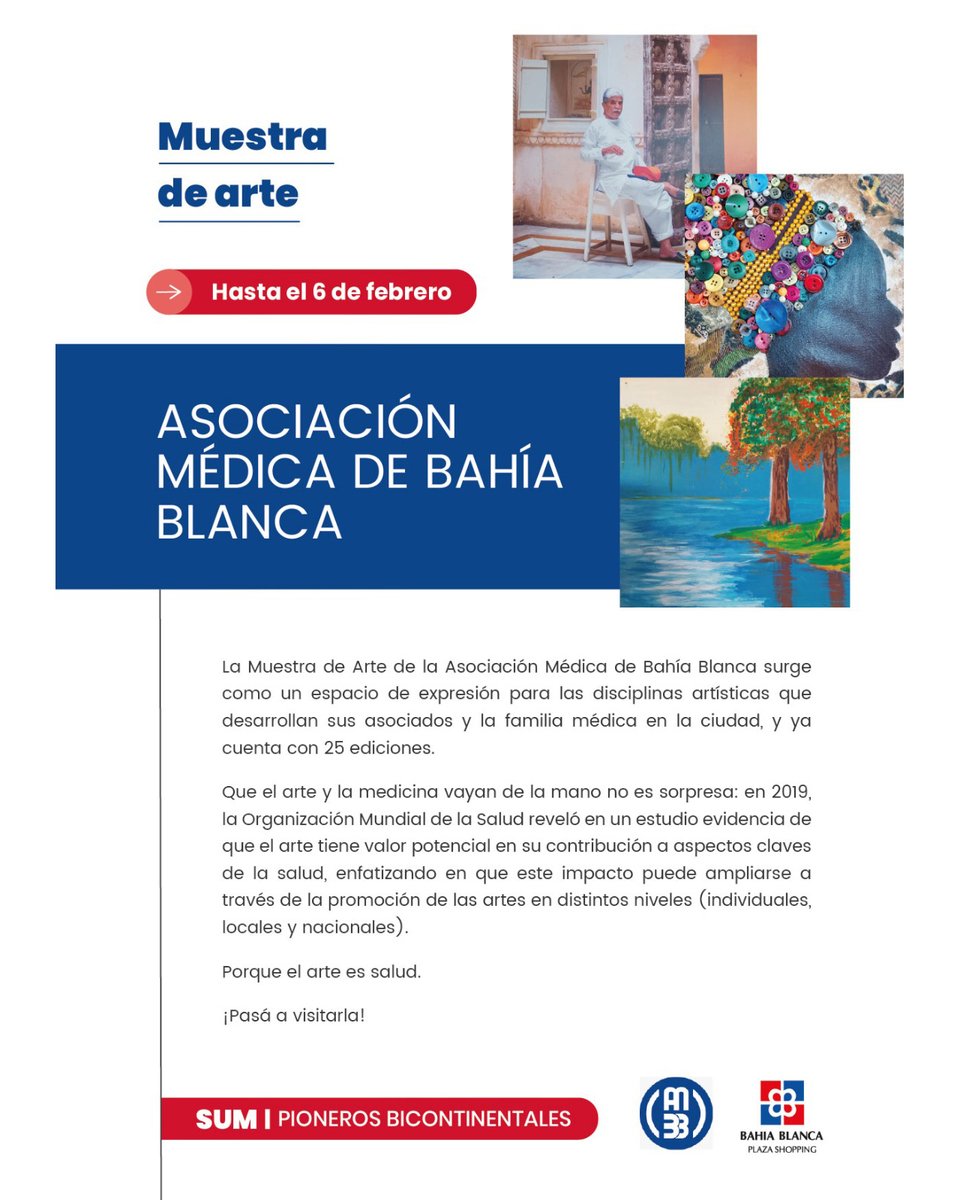 ¡La muestra de Arte de AMBB llegó al Bahía Blanca Plaza Shopping! 🖼️

Hasta el 6 de febrero podrás recorrer la muestra que lleva ya 25 ediciones.

Acto inaugural: 14 de enero, 19 h, SUM del BBPS.
¡Te esperamos!