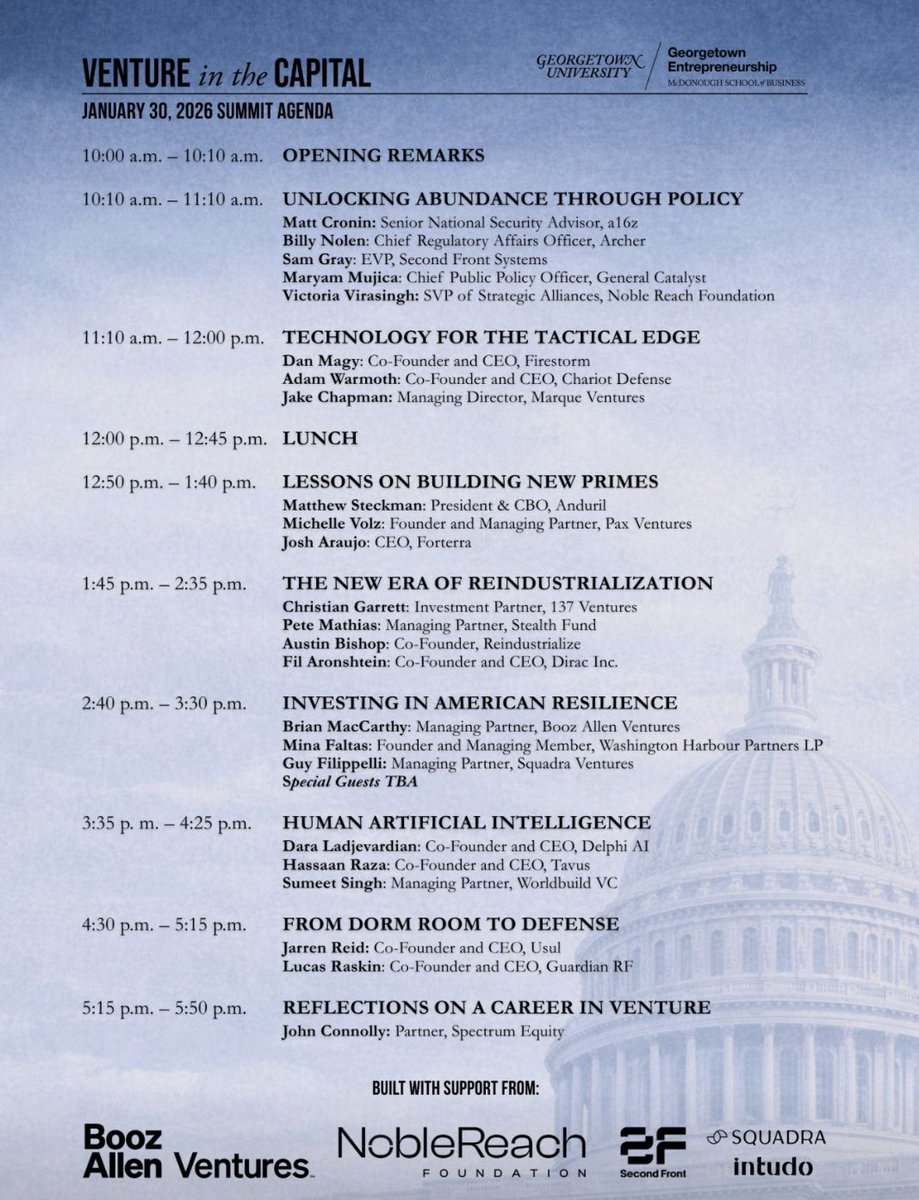 Catch me at Venture in the Capital <a href="/Georgetown/">Georgetown University</a> on Jan 30th. 

Excited to speak on The New Era of Reindustrialization panel with <a href="/CGarrett_15/">Christian Garrett</a> <a href="/pete_mathias/">Pete Mathias</a> <a href="/austinbishop/">Austin Patrick Bishop</a> , long-time friends and champions of the movement.