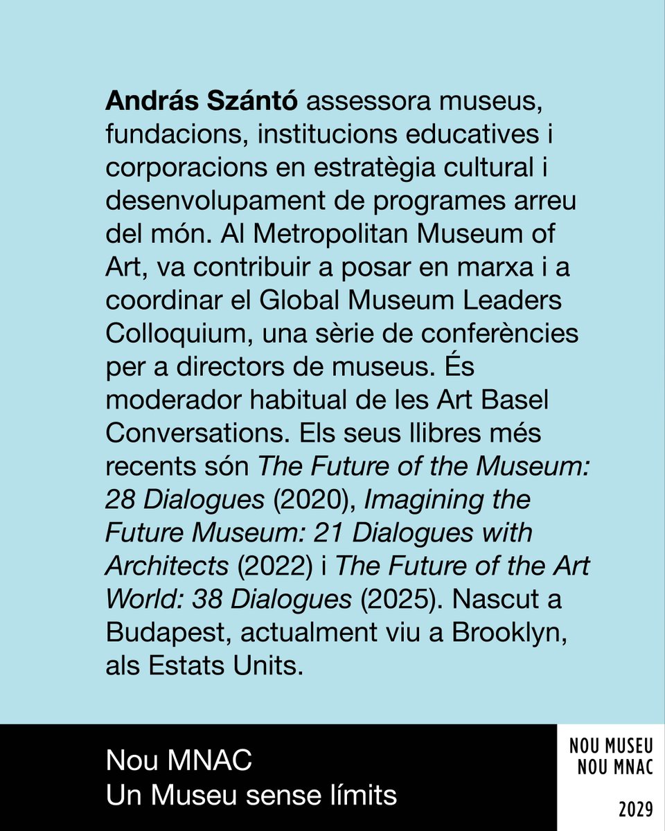 MuseuNac_Cat's tweet photo. 🎙️ 'Imaginant el futur dels museus' amb #AndrásSzántó

En el marc de l’ampliació del #MNAC, reflexionarem sobre els canvis que estan redefinint els museus: més digitals i més orientats a les persones i a les comunitats.

📆 29/01/26 - 12 h. 
🎟️ + info: https://t.co/oxJjpvcJeB https://t.co/jhMc290cH1