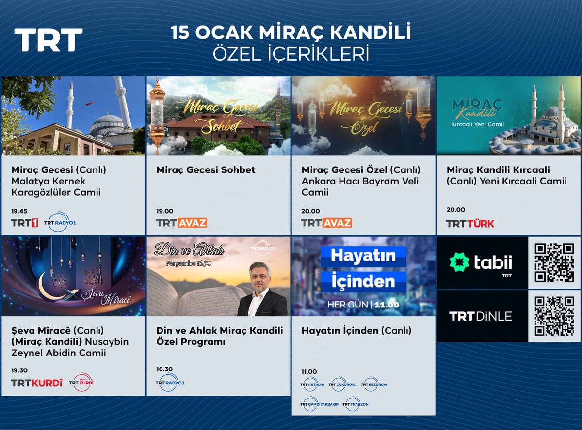 trt's tweet image. Miraç Kandili özel içerikleri TRT ekranlarında. 📺