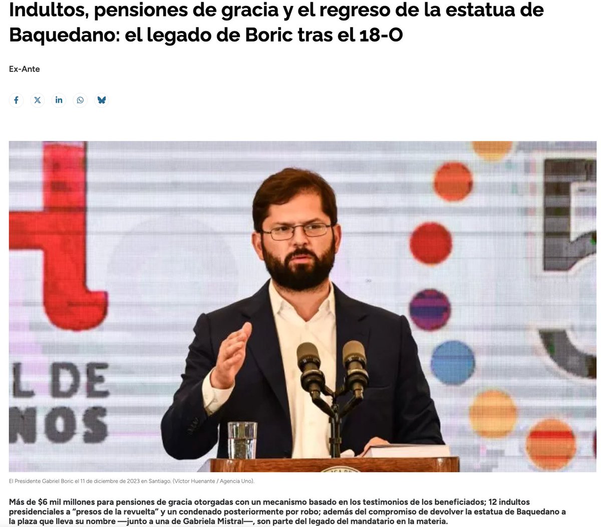 Indultos, pensiones de gracia a delincuentes y el regreso de la estatua de Baquedano, son el legado de Boric tras el 18-O. El gobierno de Boric en estos 4 años ha estado más preocupado por su ideología y amigos, que por la calidad de vida de los chilenos.