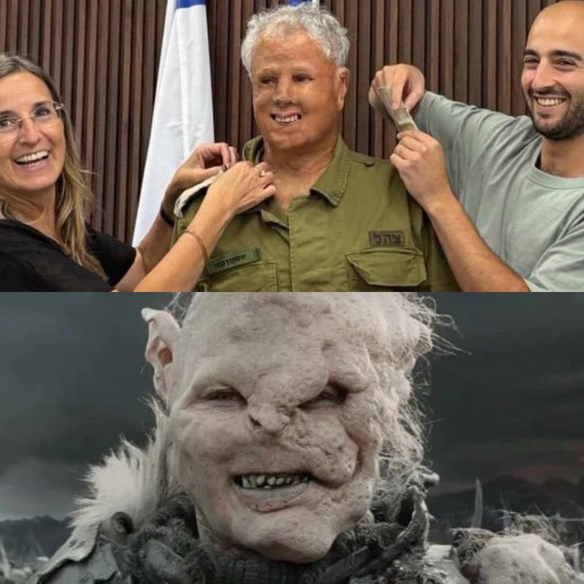 A medal is being awarded to an Israeli soldier wounded during the genocidal attacks against Palestinians.