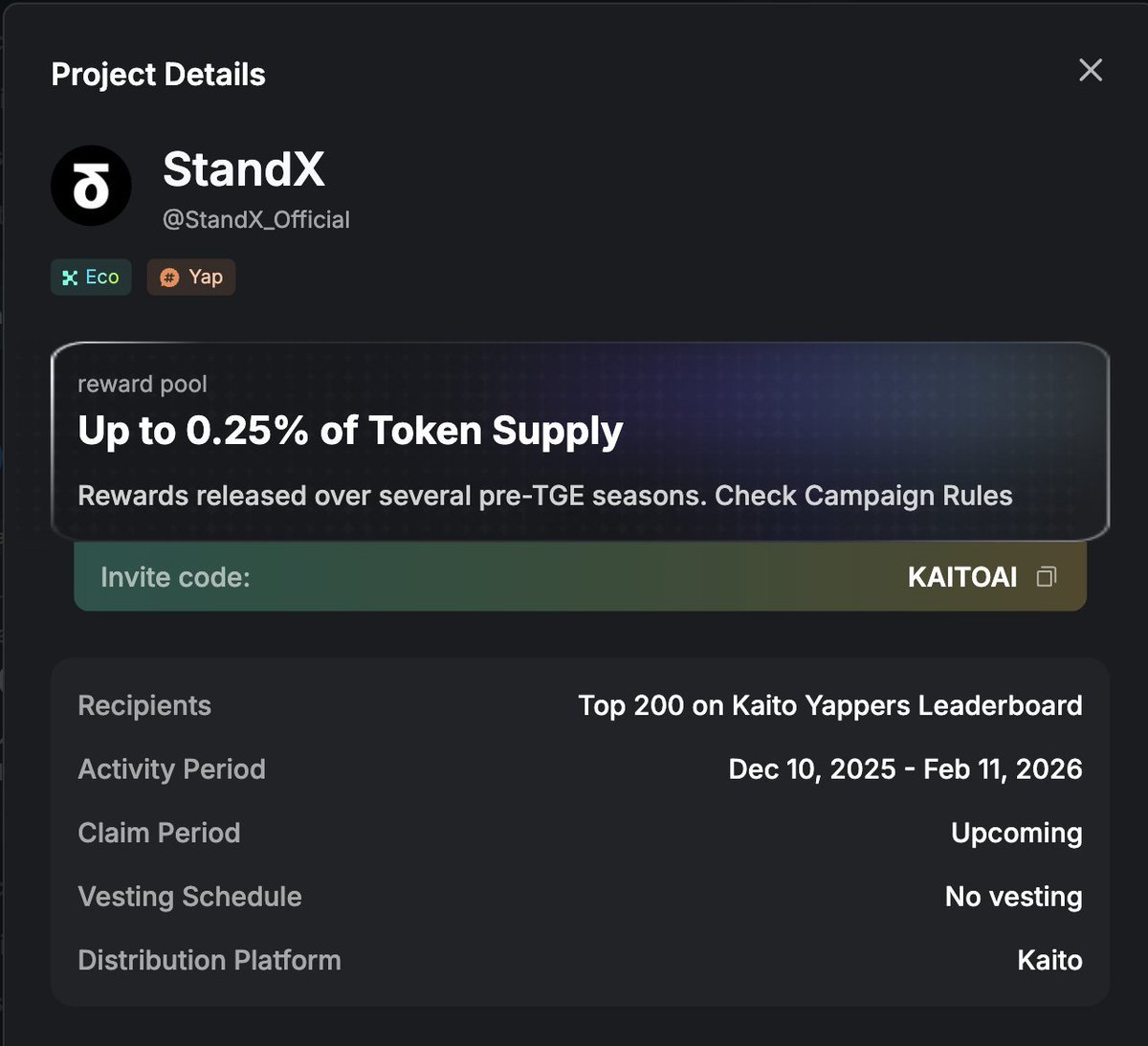 StandX_Official X @KaitoAI Earn 第二季早开始了，第一季的奖励排名也出来了，拿了个吊车尾，给我干泄气了🙃  我一直在想，要不要就这样算了？ 但看着