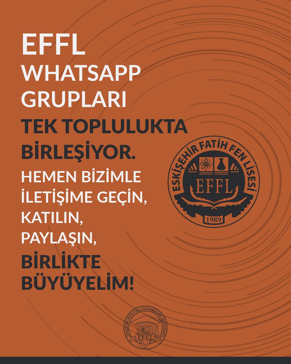 EFFL WhatsApp grupları tek bir toplulukta birleşiyor.

Halihazırdaki dönem, üniversite ve şehir gruplarına; çok yakında spor ve etkinlik grupları da ekleniyor.

Sen de bize ulaş, katıl, EFFL’li dostlarınla paylaş, birlikte büyüyelim!

#effl #efflmezun #koru #efflkocamanbiraile