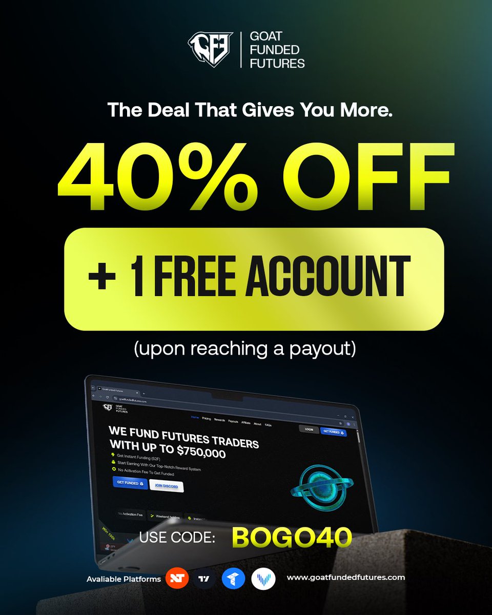 40% OFF. <a href="/GFFutures/">Goat Funded Futures</a> 
1 FREE account.
Real futures funding.

Code: BOGO40 🔥
goatfundedfutures.com 🚀