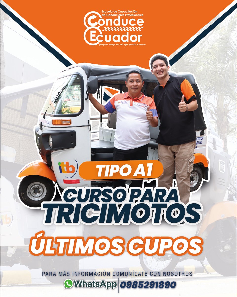 ConducEcuador's tweet photo. Tu tricimoto puede ser más que transporte 🛺💥
Aprende a conducir como profesional y obtén tu Licencia A1 👨‍🏫📘
Hazlo bien, hazlo legal, hazlo ahora 🚀
Escríbenos y empieza hoy 📲
#tricimoto #mototaxi #LicenciaA1 #Guayaquil https://t.co/2XsY3eGgCd