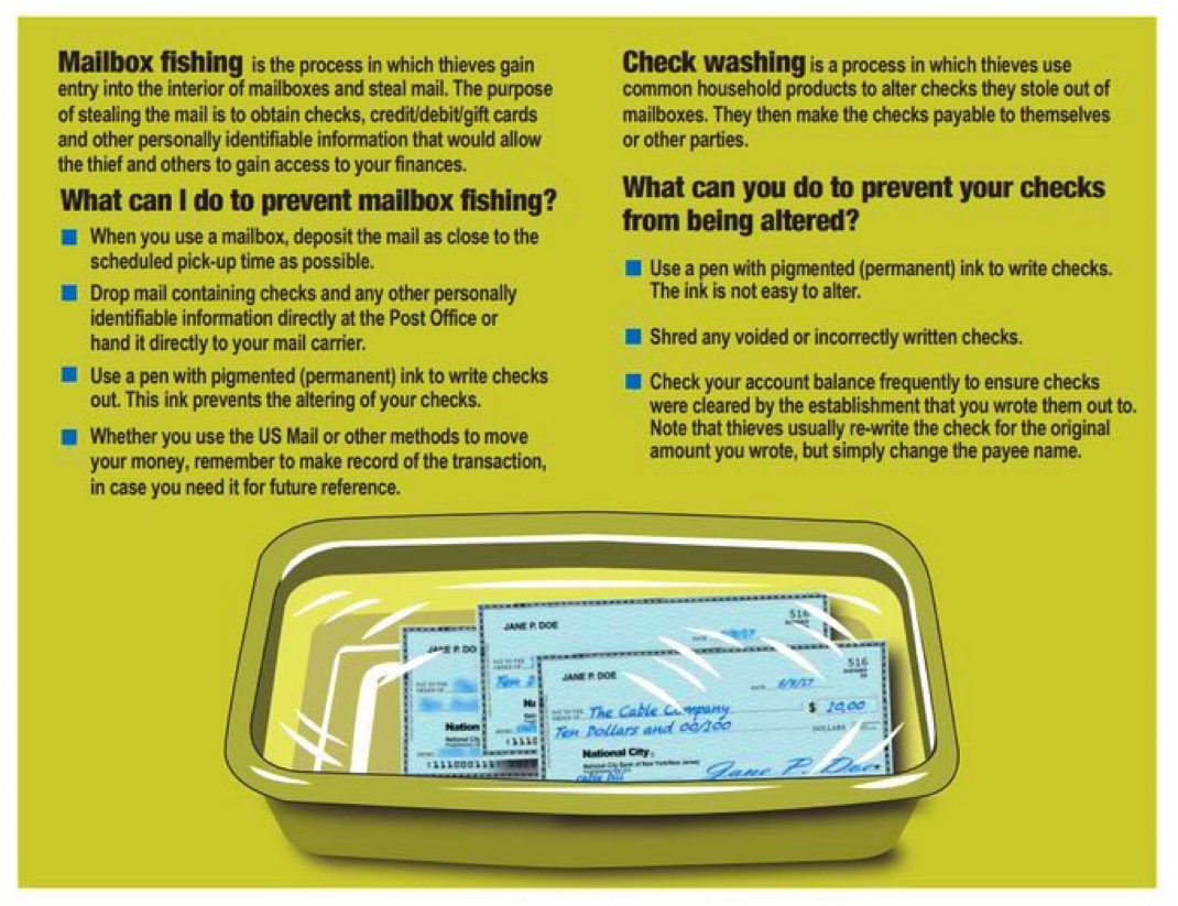 NYPD70Pct's tweet image. 📬Thieves use mailbox fishing &amp;amp; check washing to steal your money. Protect yourself:

☑️Deposit mail close to pickup times
☑️Use permanent ink for checks 
☑️Shred voided checks 
☑️Monitor your accounts

Stay alert!! 🚨
#CrimePrevention