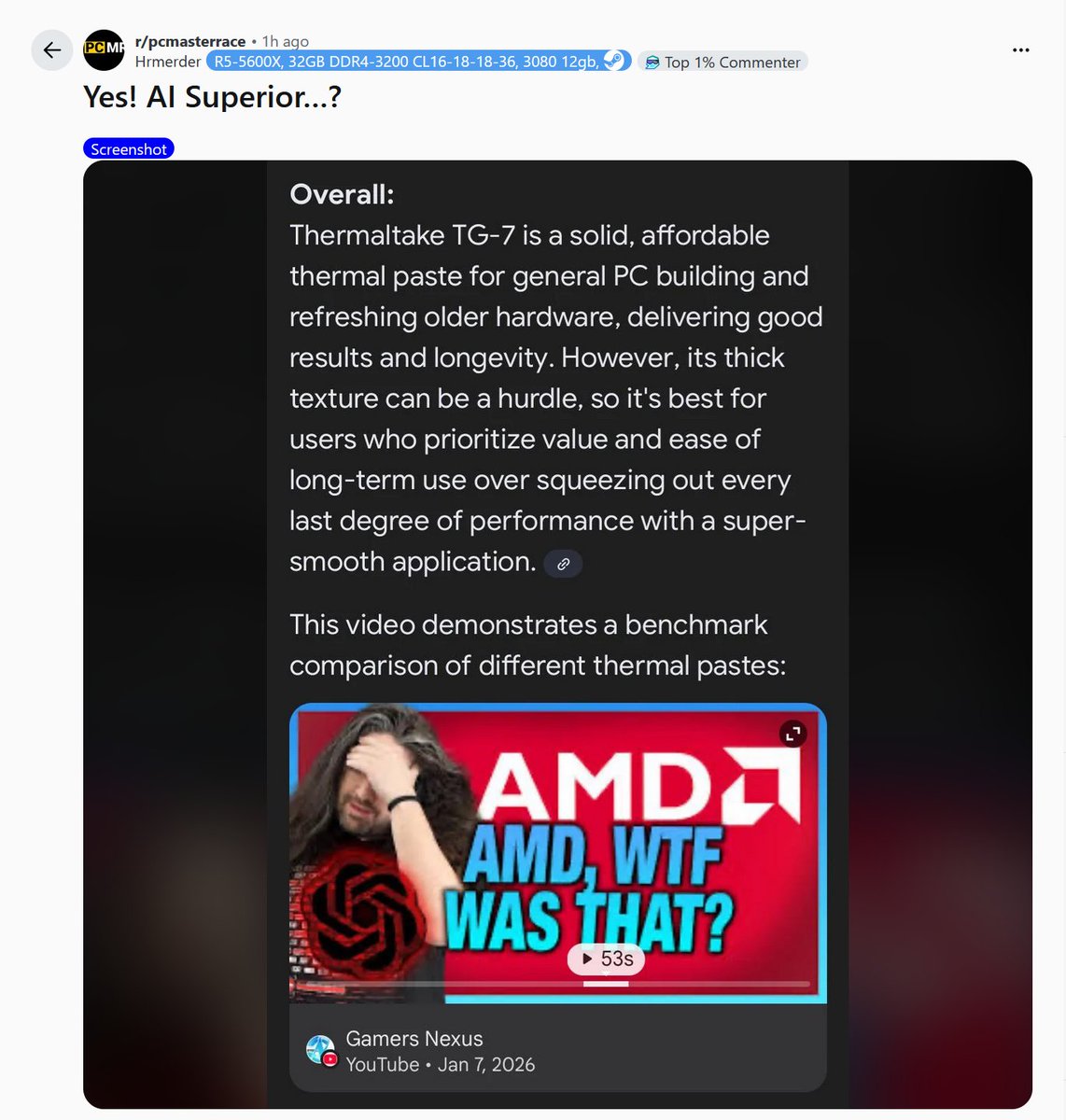 Up next: AI summaries attributing a review to us that we didn't even do. I am fairly certain I've never even used Thermaltake TG-7, but either way, we don't review pastes, and if we did, I wouldn't ever use the words "its thick texture can be a hurdle." This is attributing